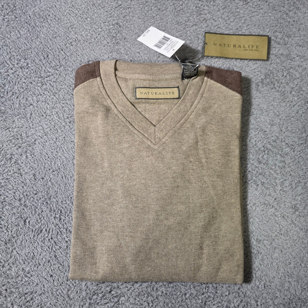 Naturalife Mens XL V-Neck Sweater Tan Colorblock Ribbed Cotton Blend 826230